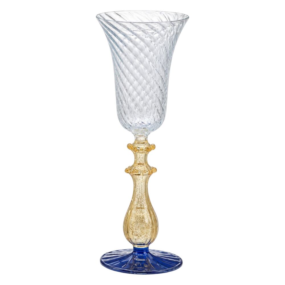 Vintage Murano Venetian Glass Chalice Aventurine Gold Stem Cobalt Blue Goblet